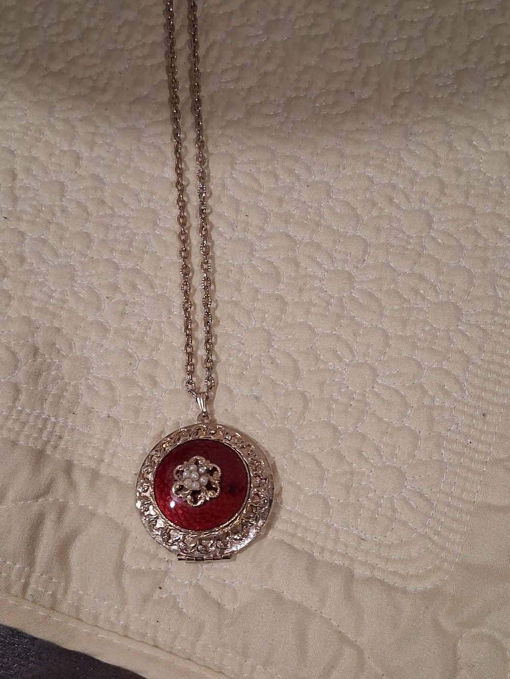 Vintage-Inspired Red and Goldtone Locket GUILLOCHE necklace Necklace
